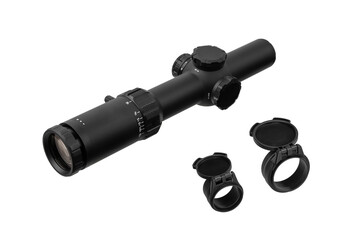 Modern sniper scope on a white back. Optical device for aiming and shooting at long distances.