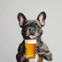 Portrait of a french bulldog holding a pint of beer.