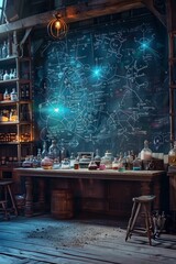 An empty enchanted laboratory, with bubbling potions, magical artifacts on shelves, and a chalkboard covered in mystical equations 