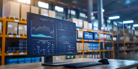 A computer monitor displaying graphs and charts, likely related to data analysis, in a warehouse setting.