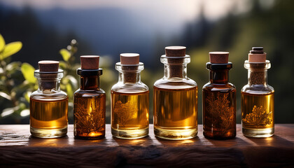 Six Glass Bottles of Essential Oil on Wooden Surface in Natural Setting
