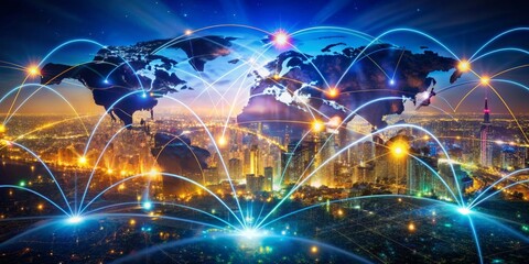 Obraz premium Global network of interconnected devices and circuits pulsing with data, illustrating digital business growth, social media buzz, and software innovation through vibrant colorful lights.