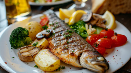 Grilled fish with spices, salad and vegetables on a plate.