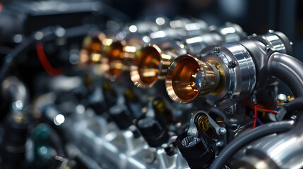 Fototapeta premium Close-up of shiny engine parts, showcasing intricate details and mechanical precision.