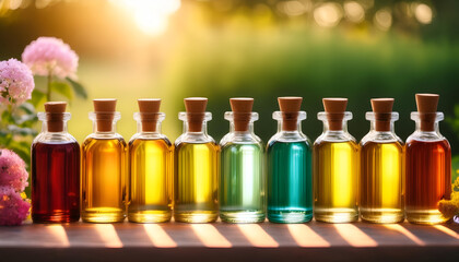 A Row of Essential Oil Bottles in the Summer Sunlight