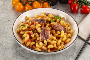 Italian pasta cellentani with anchovy