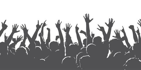 vector silhouette of a crowd of people watching a music concert in front of the stage with cheering and waving hands, suitable for poster, banner or advertising elements for concerts and parties