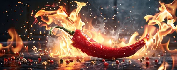 Fototapeta premium A red pepper is on fire and surrounded by red pepper flakes. Free copy space for text.