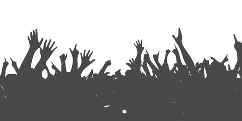 vector silhouette of a crowd of people watching a music concert in front of the stage with cheering and waving hands, suitable for poster, banner or advertising elements for concerts and parties