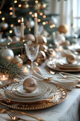 Fototapeta premium Elegantly set holiday dinner table with candles and ornaments.