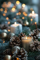 Candle centerpiece with pinecones and evergreen branches lit up.