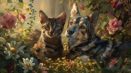 Furry Friends: Cat and Dog Playfully Exploring the Vibrant Garden Together