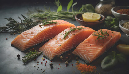 Close up fresh salmon, herbs and lemon on kitchen table. Raw organic ingredients. Healthy meal