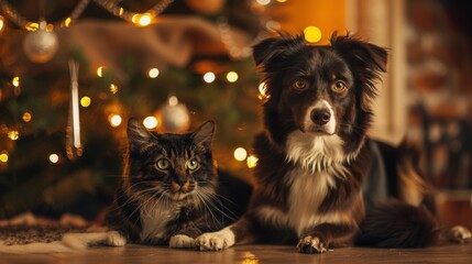 Furry Friends Celebrating Christmas: Cat and Dog Sitting by Festive Tree