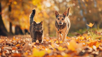 Playful Cat and Dog Walking Amid Autumn Leaves - Harmony in Nature