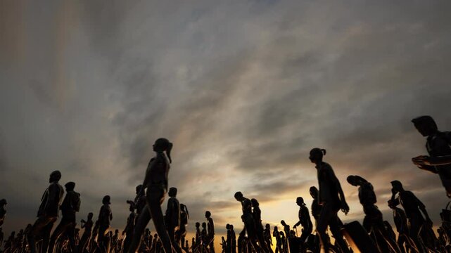 Walking Crowd Silhouettes With Sky
