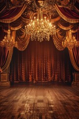 Luxurious Ballroom Stage. An elegant ballroom with a grand chandelier hanging from the ceiling, soft golden lighting, and polished wooden floors. 