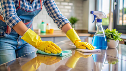 Close-up of a housewife's hands in rubber gloves cleaning a kitchen surface with detergent. A janitor wearing gloves cleans a kitchen countertop. Hygiene and cleanliness concept.