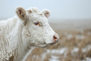 Obraz premium Snowy white calf standing in a serene winter landscape with snow