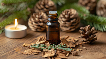 bottle of cedarwood essential oil sits on a wooden table, surrounded by cedarwood chips and small...