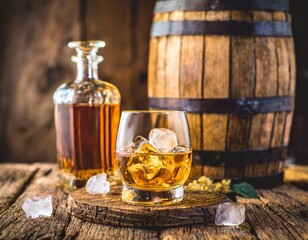 Bourbon scotch whiskey whisky glass fine art classy artistic rustic wooden barrel background. Scotch Whisky whiskey glass and bottle golden brown ice on wooden surface in saloon bar pub reclaimed