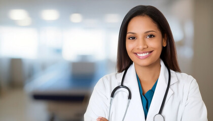 Beautiful smiling physician in medical uniform with blurred hospital background.