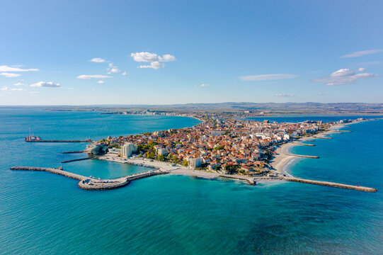 Aerial view of small town of Pomorie in Bulgaria during the summer