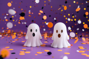 cute little ghosts, orange, gold and black confetti flying around on a purple background, flat lay with copy space, minimal 