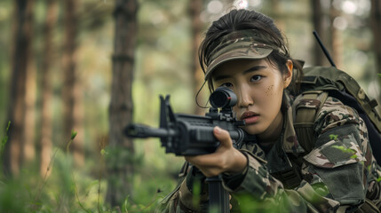 Fototapeta premium Asian female soldier aiming rifle in forest.