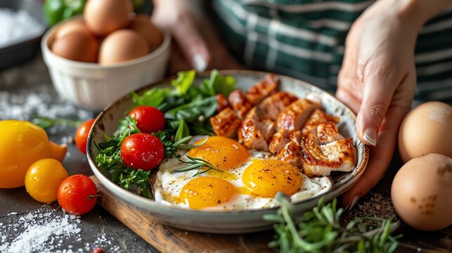 Healthy eating guide with a focus on chicken eggs, nutritionist explaining protein content, essential vitamins, and minerals, clean and professional design