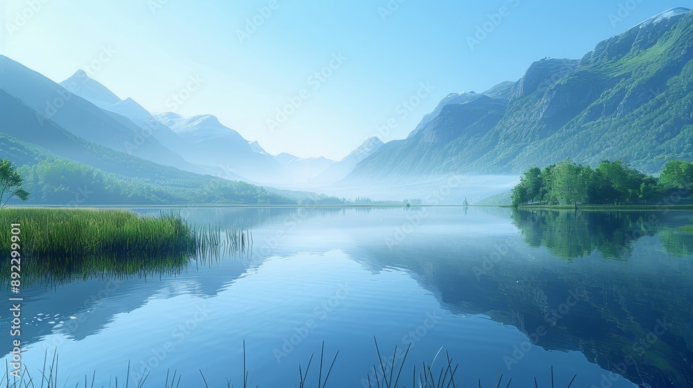 Poster A serene landscape with a calm lake reflecting the soft colors of the sunset, surrounded by gentle hills and trees, creating a tranquil and peaceful scene.