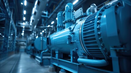 Close-up of a large industrial compressor in a factory setting.