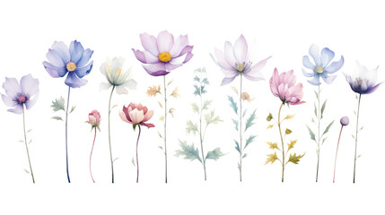 Set of watercolor wildflowers painting isolated on clear png background and transparent background. Fresh and nature concept for nature decorative and flower element, AI generative.
