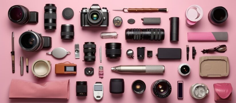 Camera Equipment Layout on Pink Background