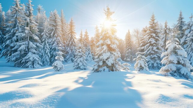 Stunning winter scene with snow covered trees in the morning sun and clear blue sky Festive snowy backdrop with room for text