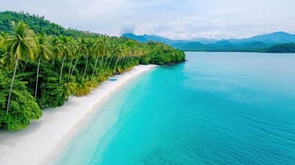Fototapeta premium Aerial view of a serene tropical beach with crystal clear turquoise water, white sand, and lush palm trees under a clear blue sky.