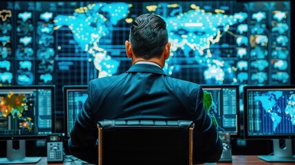 Back view of a man in a control room, monitoring global data on multiple screens with world maps and digital information.