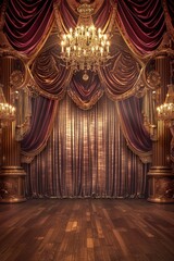 Luxurious Ballroom Stage. An elegant ballroom with a grand chandelier hanging from the ceiling, soft golden lighting, and polished wooden floors. 