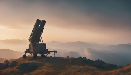 Fototapeta premium An air defense system positioned on a mountain ridge during sunrise, with mist rising from the valle 