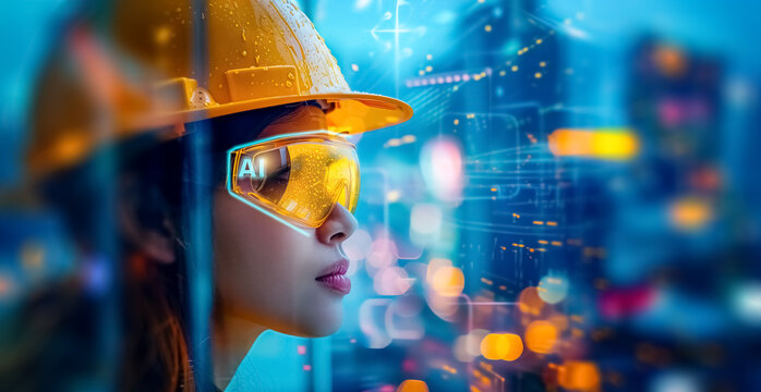 Beautiful female wearing construction hard hat and digital protective glasses powered by AI technology on abstract digital background. 