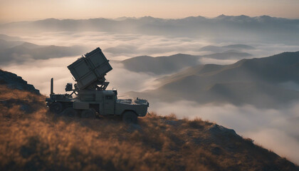 Fototapeta premium An air defense system positioned on a mountain ridge during sunrise, with mist rising from the valle 