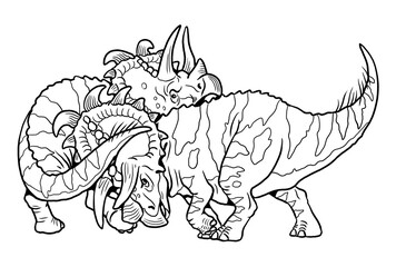 Fight between two dinosaurs. Male Albertaceratops fighting for the females. Coloring page with prehistoric animals.