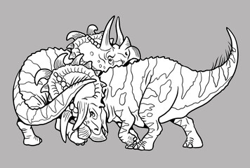 Fight between two dinosaurs. Male Albertaceratops fighting for the females. Coloring page with prehistoric animals.
