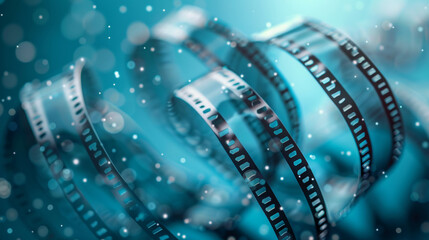 cinema illustration, film stocks in the air, blue background, classic, minimal, movie art wallpaper