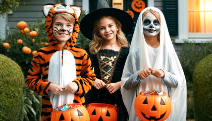 Joyful children in various Halloween costumes trick-or-treat, holding pumpkin buckets filled with candy, in a festive and spirited neighborhood setting.