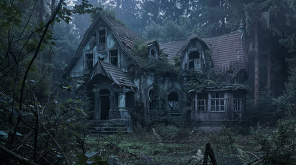 A creepy abandoned house in a forest with overgrown vegetation and a spooky vibe.