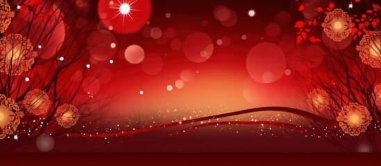Red Festive Background with Silhouettes of Trees and Flowers