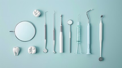 Tooth and dental instruments on blue background. Dental treatment. Dentist tools mirror, hook, tweezers, syringe. Copy space for text. 