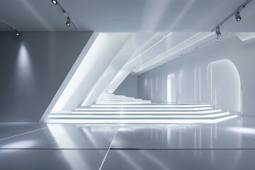 Modern Minimalist Stage. A sleek, contemporary stage with a clean, white background and sharp lines. The floor is glossy, reflecting light beautifully.