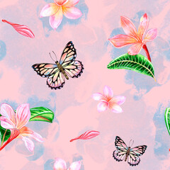 Tropical pink plumeria flowers with beans and spots. Watercolor illustration seamless pattern on a pink background. For design and decor, fabrics and wallpaper, souvenirs